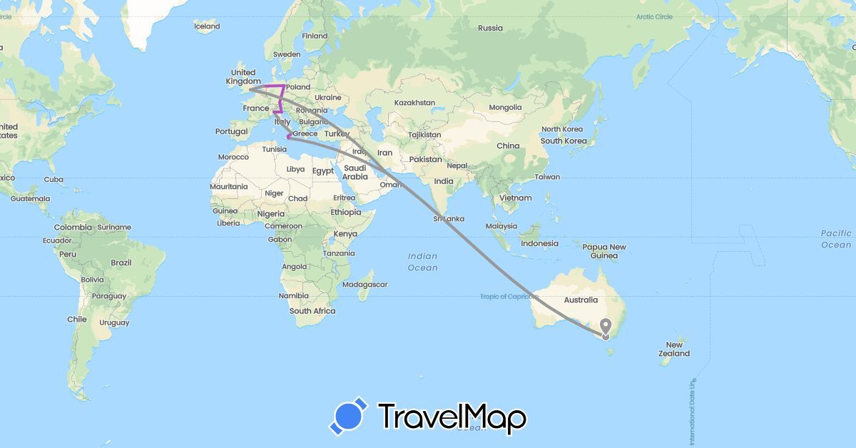 TravelMap itinerary: driving, plane, train in United Arab Emirates, Australia, Germany, United Kingdom, Italy, Netherlands (Asia, Europe, Oceania)